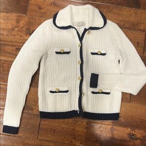 LOFT Cream Cardigan with Navy Trim and Gold Buttons